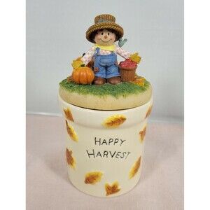 Happy Harvest Candle Jar Scarecrow Pumpkins Apples Avon Gift Candle and  topper
